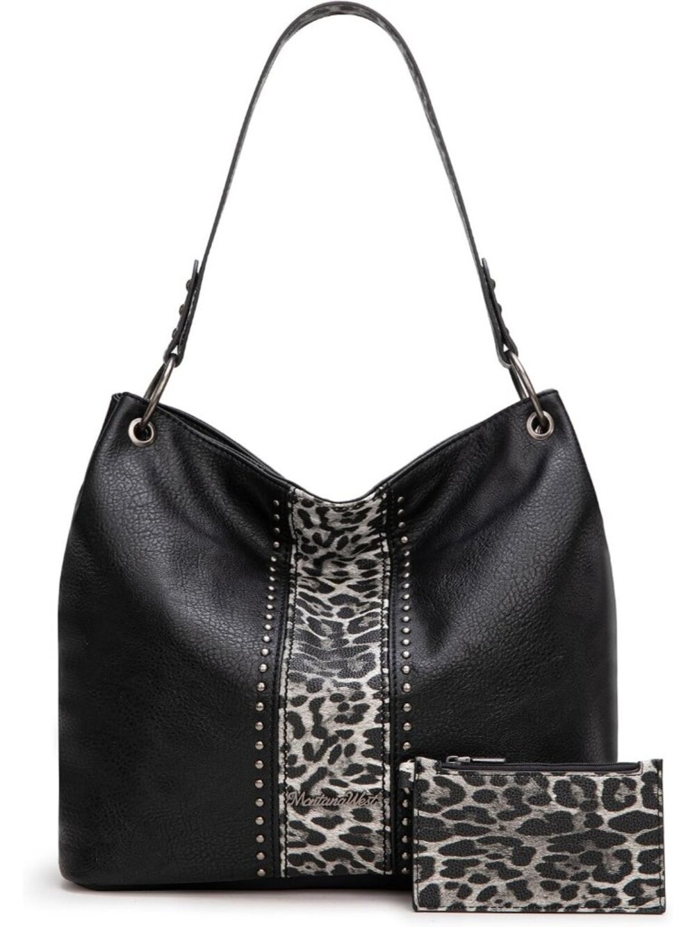 Womens Black Leopard Vegan Leather Tote Satchel Handbag Top Handle Crossbody Bag